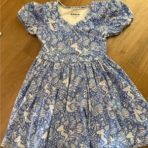 Boden Kids Dress in Blue and White Forest Print